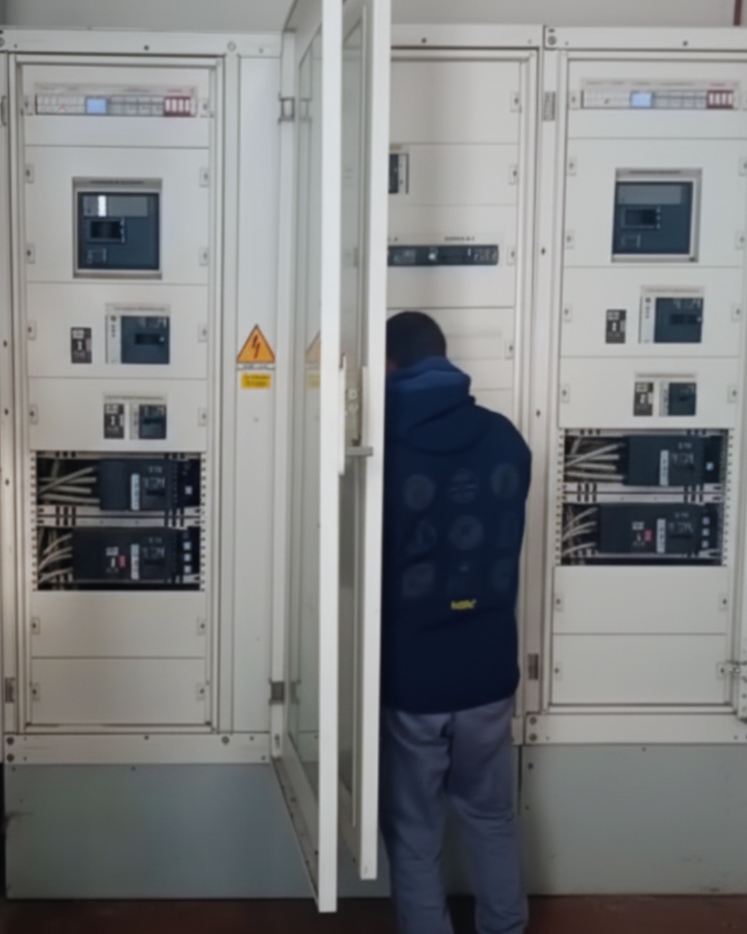 OPERAIO TECNICO ELETTRICISTA A LAVORO SU QUANDRO ELETTRICO MAGAZZINO ROMA