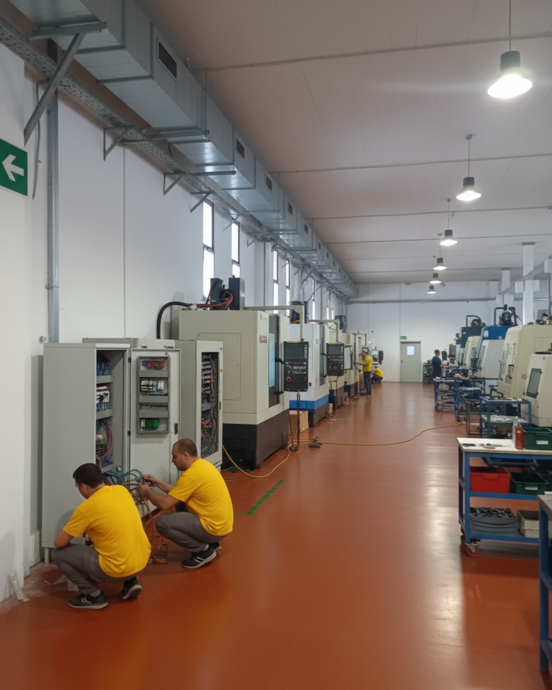 TECNICI ELETTRICISTI CHE LAVORANO SUL QUADRO CHE CONTROLLA LA POTENZA ENERGIA DEI MACCHINARI IN UNA FABBRICA IN PROVINCIA DI ROMA