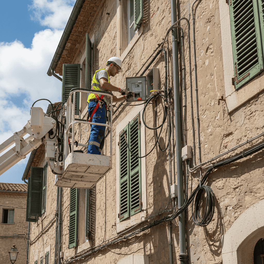 Un tecnico elettricista su una piattaforma aerea che sta svolgendo manutenzione su l'impianto elettrico di un palazzo storico di Roma