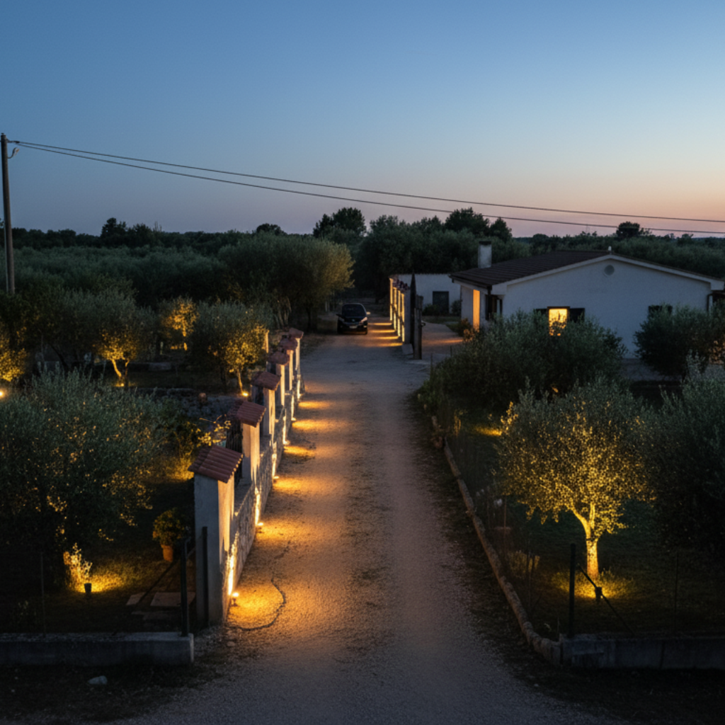 ILLUMINAZIONE DEL VIALE D'INGRESSO DI QUESTA VILLETTA RUSTICA NELLE CAMPAGNE DI SABAUDIA