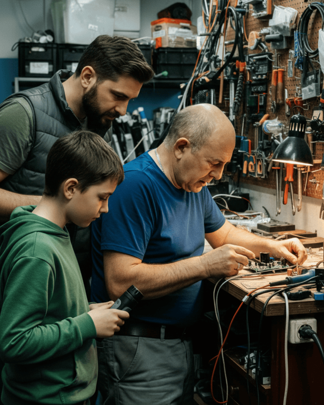 tre generazioni di elettricisti, il nonno che insegna al figlio e il nipote come si salda un circuito elettrico